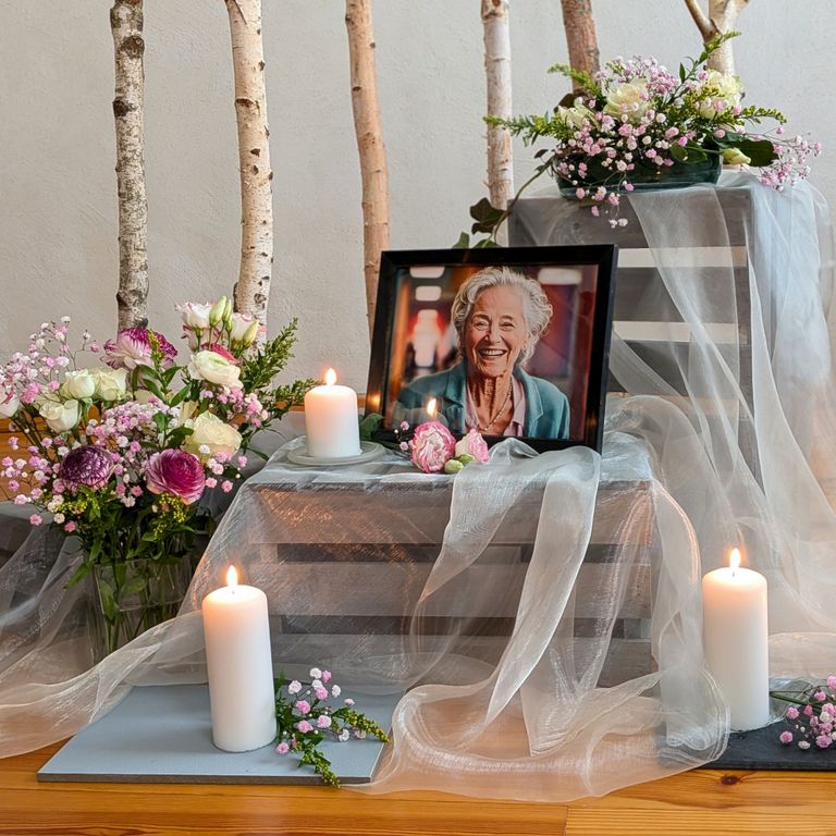 Das Porträtfoto einer lächelnden älteren Dame steht im Mittelpunkt. Um das Foto herum sind Kerzen und bunte Blumen angeordnet.