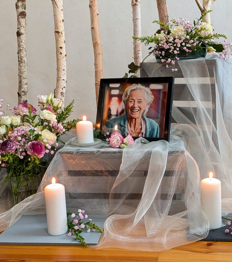 Das Porträtfoto einer lächelnden älteren Dame steht im Mittelpunkt. Um das Foto herum sind Kerzen und bunte Blumen angeordnet.
